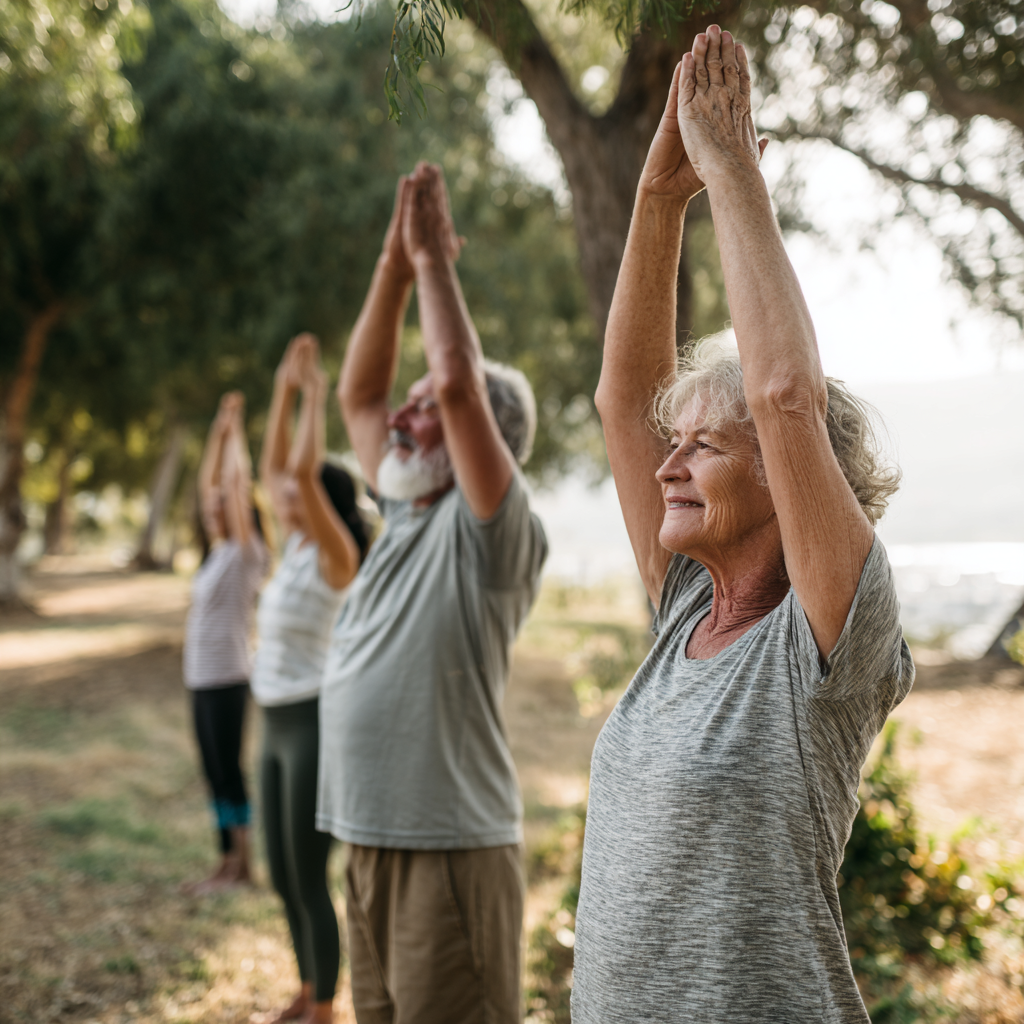 Older adults engaging in gentle flexibility exercises outdoors in peaceful natural environment