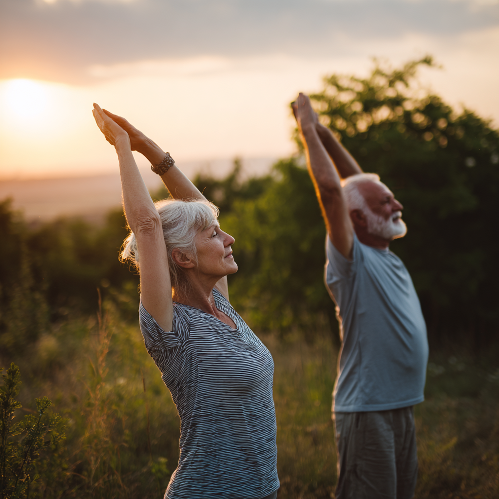 Middle-aged adults practicing gentle movement exercises in natural outdoor setting